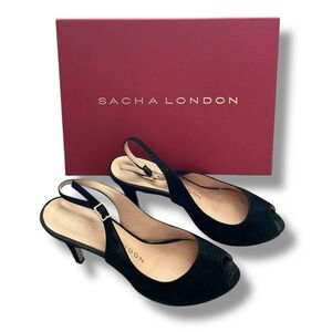 Sacha London Tara Black Bruno Suede Peep Toe Sling Back Platform Heels Size 8.5